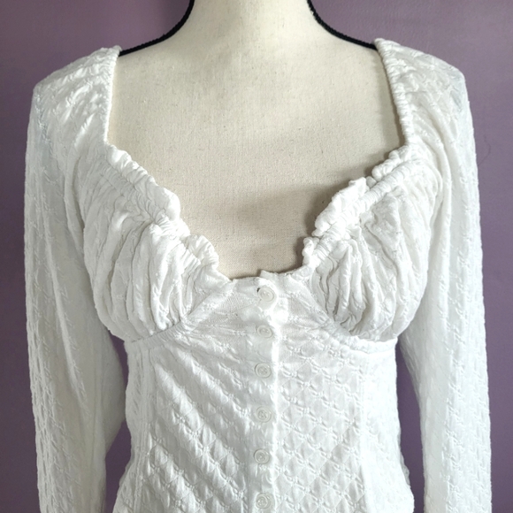 Free People Lady Bug Pointelle Long Sleeve Smocked Sweetheart Milkmaid Crop Top - Picture 3 of 16